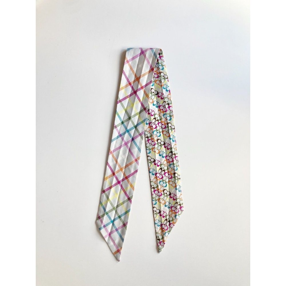 COACH Multi Color Logo Check Print Silk Twill 34" x 2.5" Twilly Skinny Scarf - Picture 3 of 9